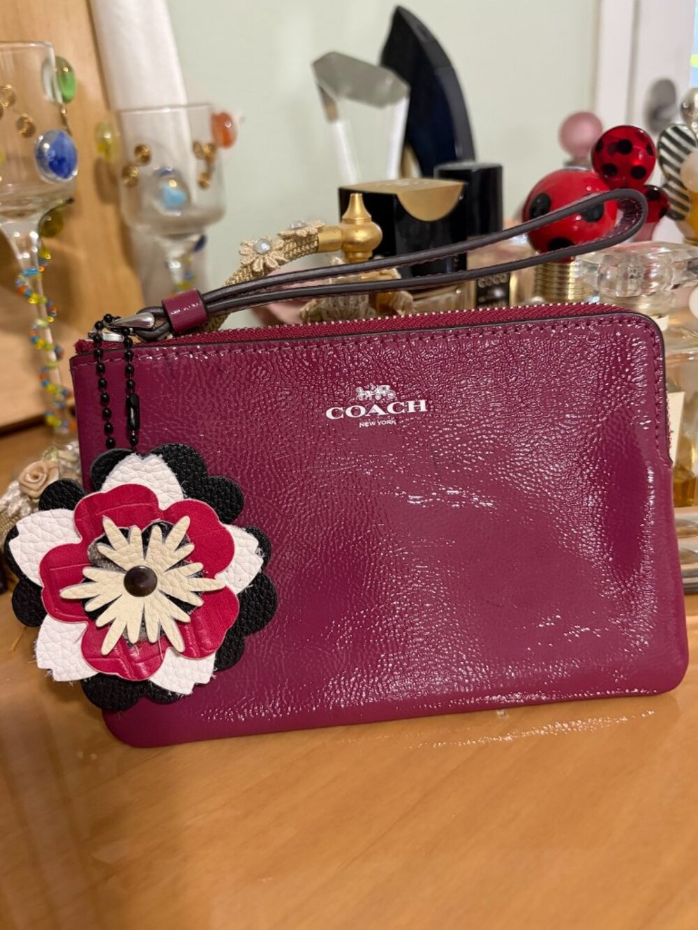 COACH L ZIP WRISTLET WITH A "ROOSTER CUSTER" ONE OF A KIND BAG CHARMS
